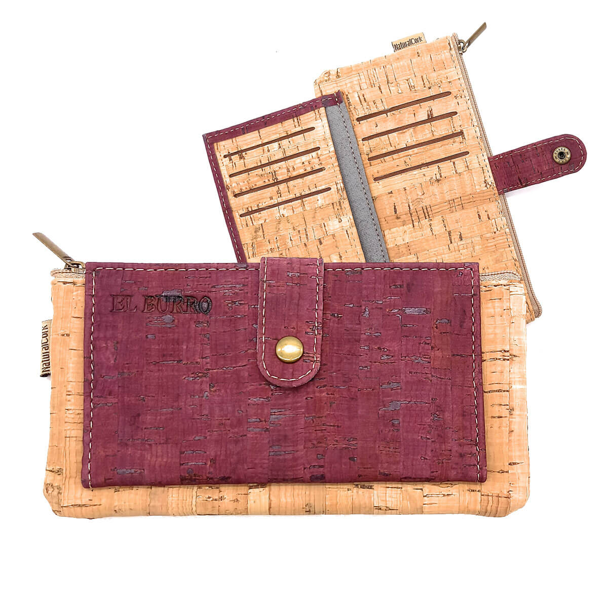 Kork Damen Geldbörse Zipper natur-bordo